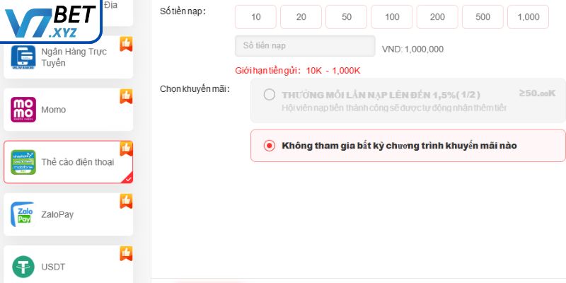 Nạp Tiền V7Bet - Hướng Dẫn Chi Tiết, An Toàn Và Tiện Lợi 3 Nạp đúng hạn mức